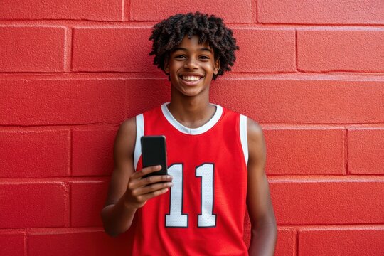 Cheerful Young African American Teen Boy in a Red Basketball Jersey Holding a Smartphone Against a Vibrant Red Brick Wall