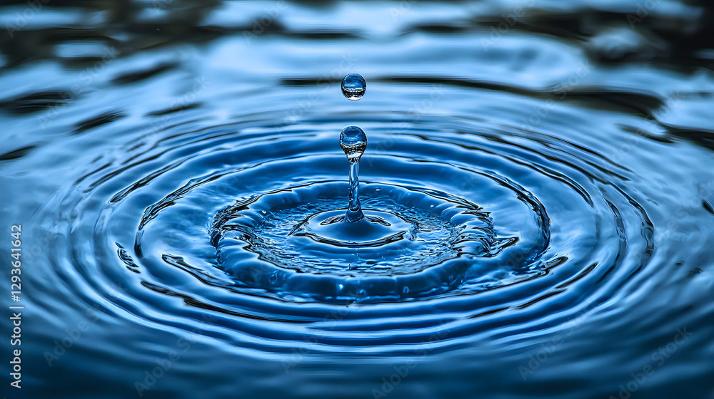 Poster water drop ripples: a single water droplet creates mesmerizing ripples upon impact with a body of wa