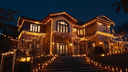Naklejka premium Luxury House Festive Night Lights Illuminated Mansion Christmas Decor Winter Holiday Home Exterior Elegant Building Architecture Residential Property 