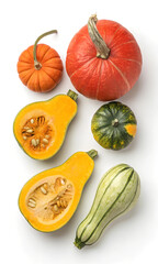 A variety of colorful pumpkins and squashes are arranged on a white background