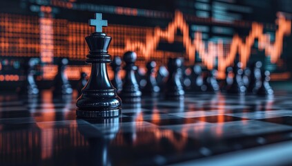 Close-Up of a Black King Chess Piece in Front of an Abstract Graphical Background, Symbolizing Strategic Decision-Making in Business and Finance