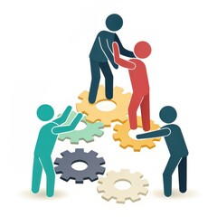 The image depicts stylized figures collaborating on gears, symbolizing teamwork, cooperation, and productivity in a creative way.