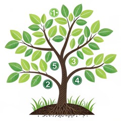 Obraz premium A stylized tree graphic with green leaves and numbered circles on the branches, symbolizing growth or steps in a process.