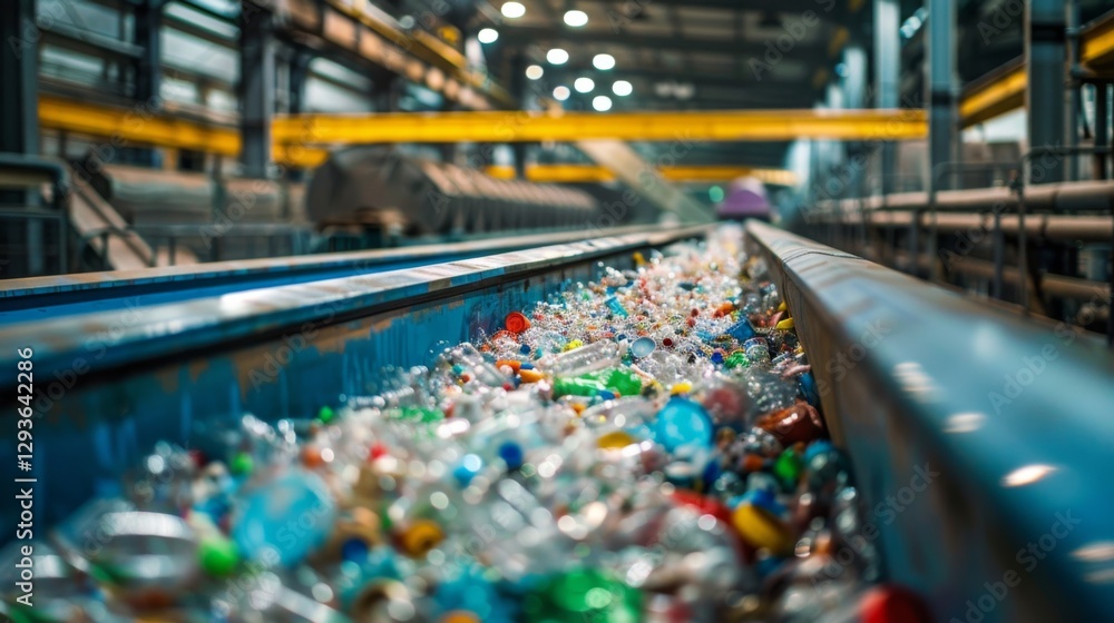 Aufkleber brightly lit recycling facility shows a conveyor belt filled with various plastic bottles and contai