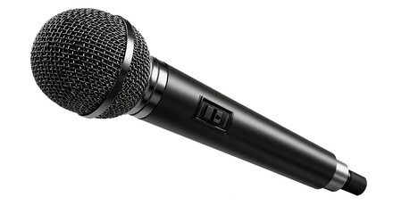 A black dynamic microphone with a metal mesh grille and a switch, isolated on a transparent background.