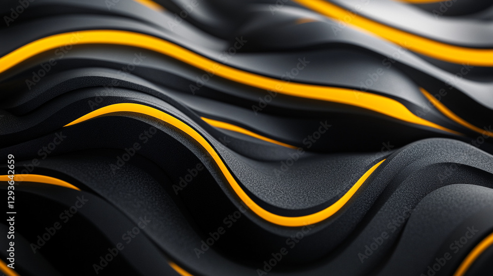 Poster abstract black and yellow wave pattern background design illustration 3d art dark lines shiny style