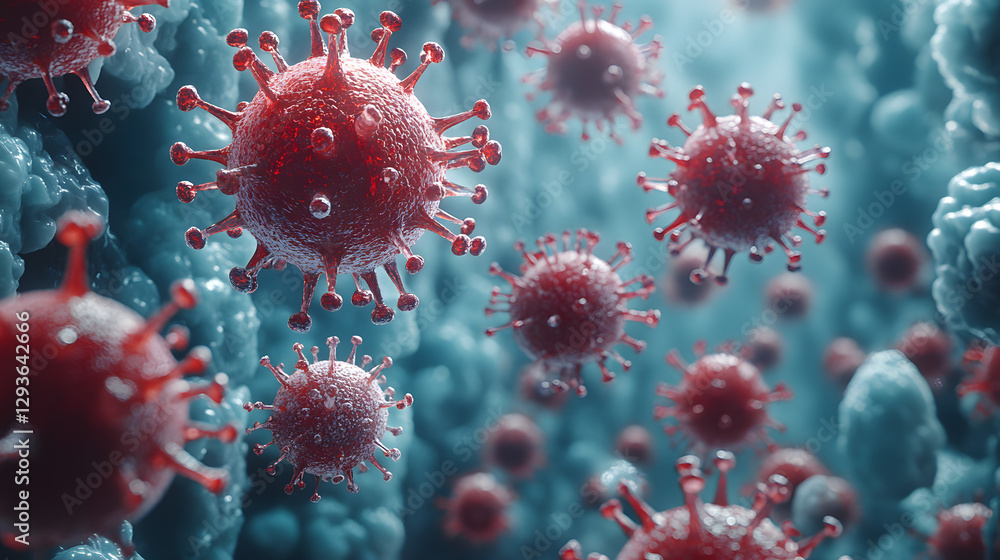 Poster microscopic menace: a highly detailed microscopic rendering of multiple vibrant red coronavirus part