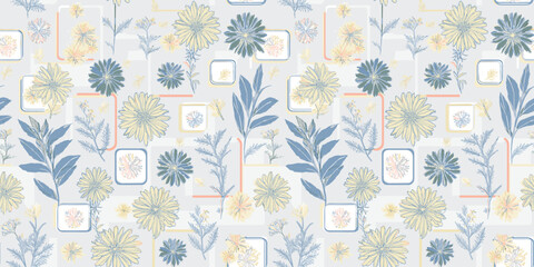 Abstract Handmade repeating pattern of stylized floral and leaf elements in muted blue, yellow, and white tones with small rectangular frames interspersed,
 for gift wrap and wallpaper