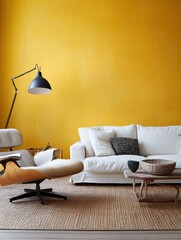 A Modern Living Room Featuring Stylish Furniture and Yellow Walls