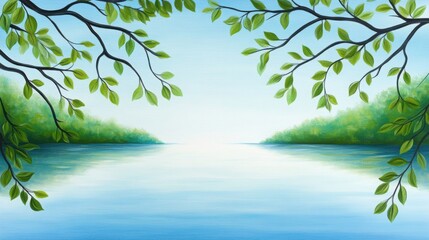 Fototapeta premium A peaceful springtime lake surrounded by trees with fresh green leaves