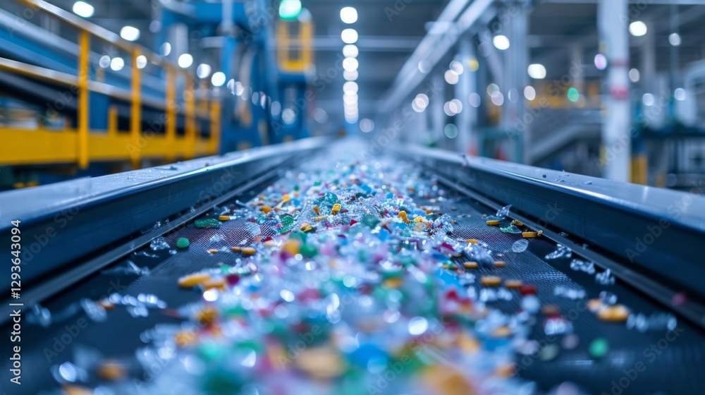 Poster various pieces of colorful plastic waste scatter on a conveyor belt in a recycling plant, highlighti