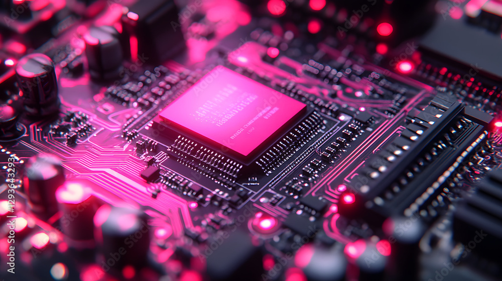 Poster microchip's radiant glow: a close-up of a high-tech microchip illuminates, its intricate circuits an