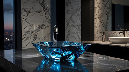 A glass of water with water pouring into it, placed on a bathroom sink, featuring a close-up view