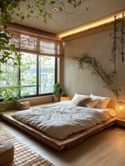 A luxurious bedroom featuring a natural design with decor