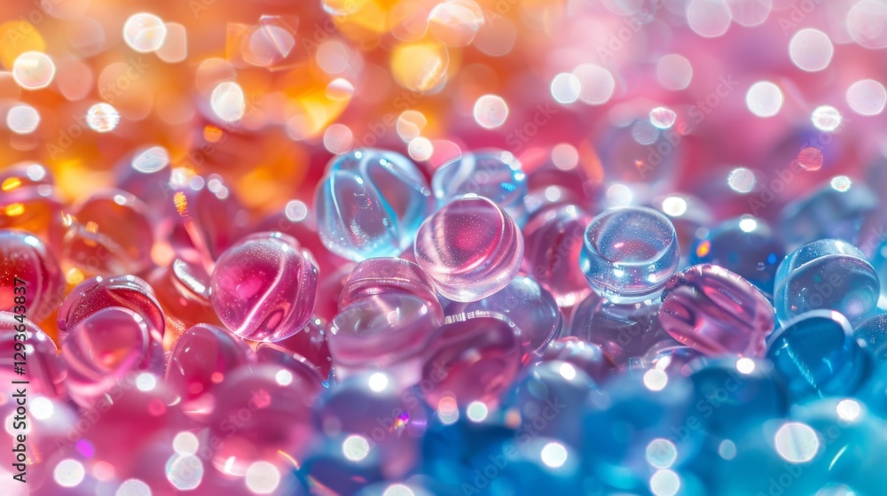 Poster close up view showcases an array of colorful glass beads blending shades of blue, pink, and orange, 