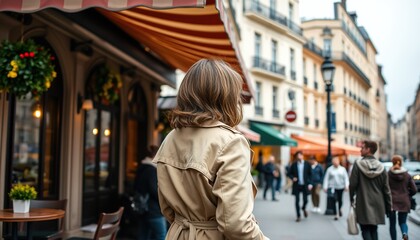 Fototapeta premium Woman in trench coat walking Parisian street