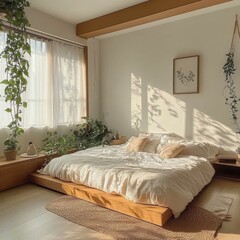 The sunlit bedroom with plants demonstrates a natural design