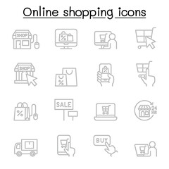 Shopping online icon set in thin line style
