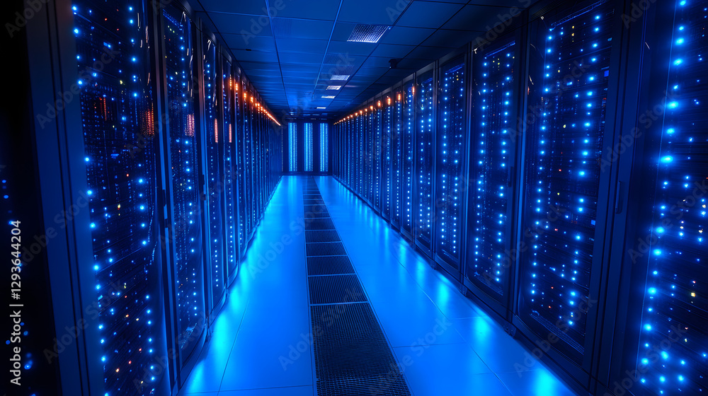 Poster cyber realm: a high-tech server room, illuminated by a cool blue glow, showcases a dense array of po