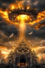 Celestial Gate Golden City and Burning Spaceship Above Ancient Temple