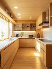 The bright interior of the kitchen featuring wooden design