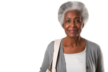 Strategic elderly Black female nonprofit director with tote bag isolated on transparent white background