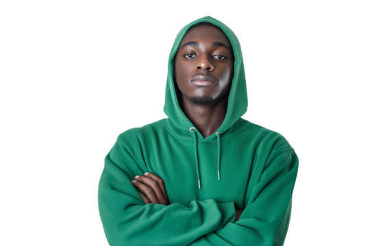 Ambitious young Black male fintech founder in green hoodie isolated on transparent white background