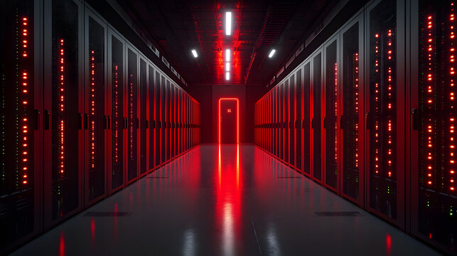 Red Alert in the Server Room: A dramatic perspective down a long server room corridor, bathed in ominous red light, reveals rows upon rows of humming servers.