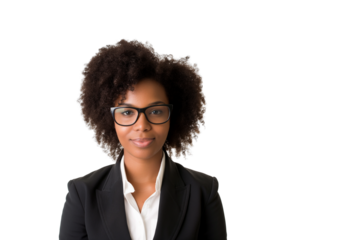 Confident young Black female HR recruiter in suit isolated on transparent white background
