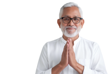 Elderly South Asian male investor rubbing hands together isolated on transparent white background