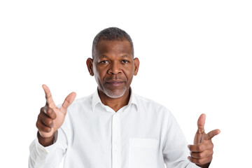 Middle-aged Black male coach pointing on something isolated on transparent white background
