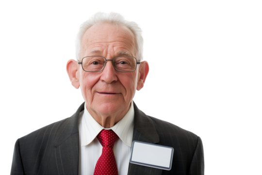 elderly White male hotel chain owner with name tag isolated on transparent white background