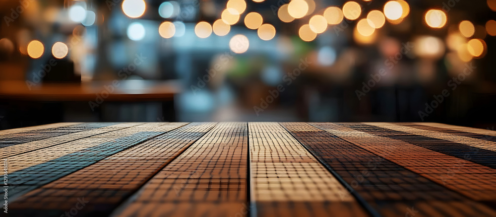 Poster pattern dot pixelation image of a vacant wooden table and a blurred coffee shop background with boke