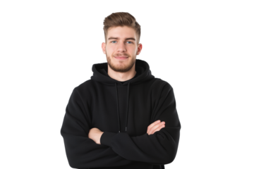 Relaxed young male freelance graphic designer in hoodie isolated on transparent white background