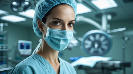 Experienced female surgeon in a sterile operating room with a confident and focused look. She is dressed in clean blue scrubs and a surgical mask.