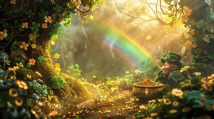 Enchanted Forest with Leprechaun and Pot of Gold at the End of Rainbow