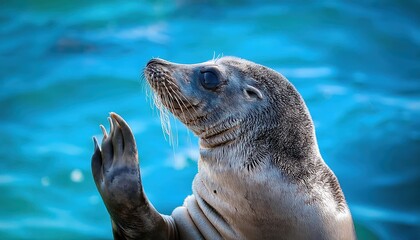 Fototapeta premium Cute Seal Waving Hi Playful Arctic Marine Mammal Expressing Joy in a Captivating High Five, Showcasing Soft Fur Textures against the Frosty Polar Landscape, Evoking a Sense of Awe and Whimsy.