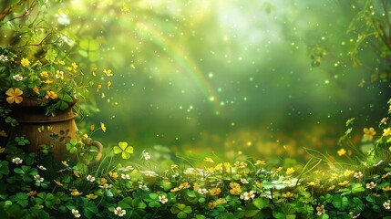 Obraz premium Enchanted Forest with Rainbow and Blooming Flowers