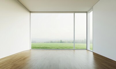 Obraz premium A large room with a window and a view of a field. The room is empty and has a lot of natural light coming in through the window