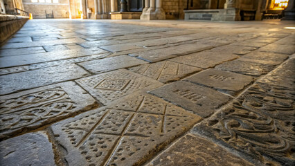 The rough textured stone floor conveys the atmosphere of the Middle Ages. The Gothic pattern and natural cracks emphasize its historical value.