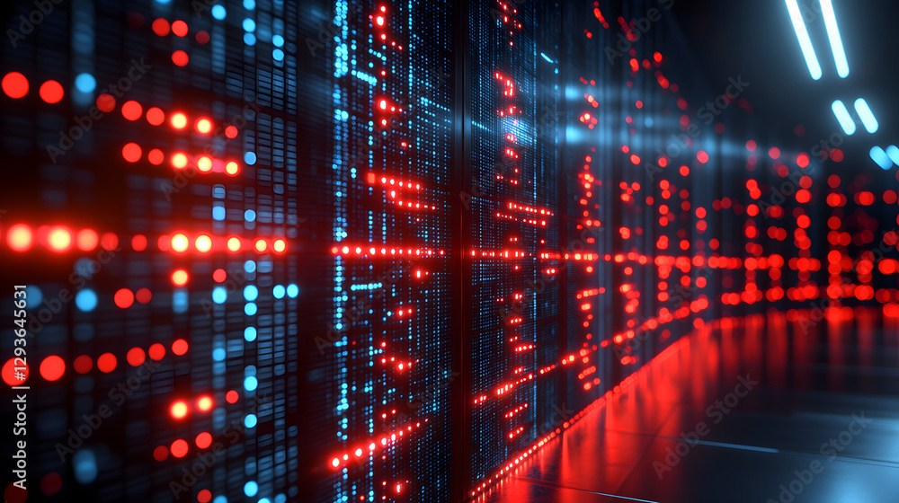 Poster data fortress: an abstract representation of a data center or server room, with glowing red and blue