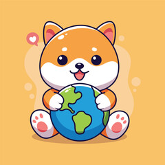 cute vector shiba inu with earth. earth day ilustration