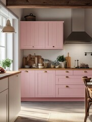 Fototapeta premium Pink kitchen with bright cabinetry and decorative design elements