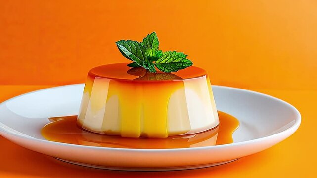 Caramel Flan Delight: A creamy, photorealistic caramel flan garnished with fresh mint, displayed on a pristine white plate with a vibrant orange backdrop.