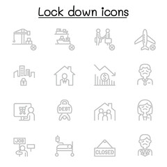Lock down icons set in thin line style