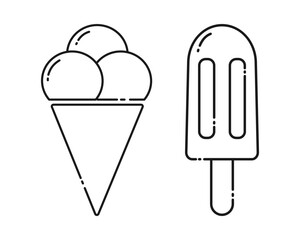 Ice cream cone and Eskimo on stick Outline linear icons World Ice Cream Day Pictogram design concept