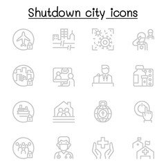 Set of Lock down city from virus crisis related vector line icons. contains such Icons as Shutdown city, state quarantine, flight cancellation, business closed, and more.