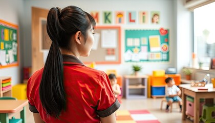 Teacher observing preschool children in classroom