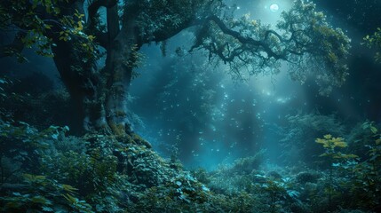Enchanted Moonlight Forest: A Mystical Night Scene with Glowing Lights and Lush Greenery