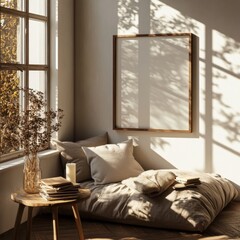 Fototapeta premium A white framed picture is on the wall. The picture is empty. A vase with flowers is on a table. A book is on the table. A pillow is on the floor